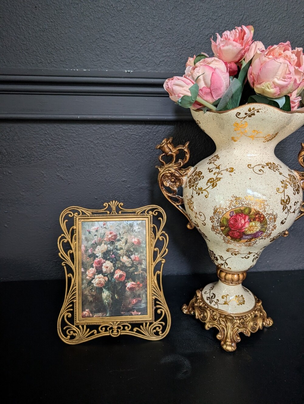 Vintage Ornate Gold Cast Metal Photo Frame w/ VTG style Still Floral Art Print 9